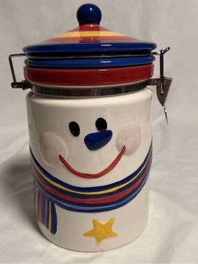 Ceramic Snowman Hinged Canister Cookie/Candy Jar 10”With A Star